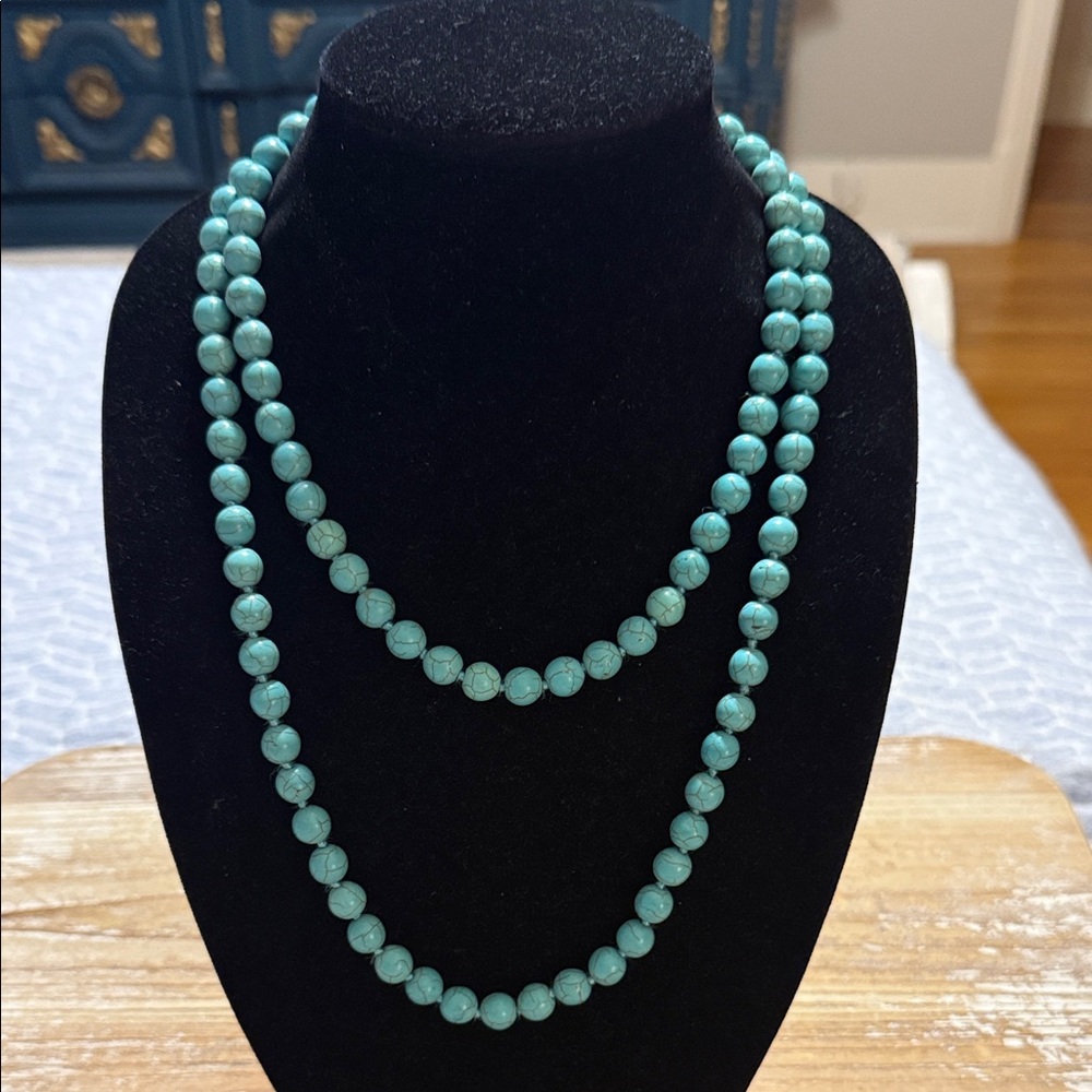 Vintage Southwestern Turquoise Blue Beaded Long Lanyard Statement Necklace